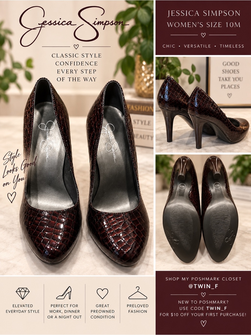 Jessica Simpson Burgundy Croc Embossed Patent Pumps Heels Size 10M